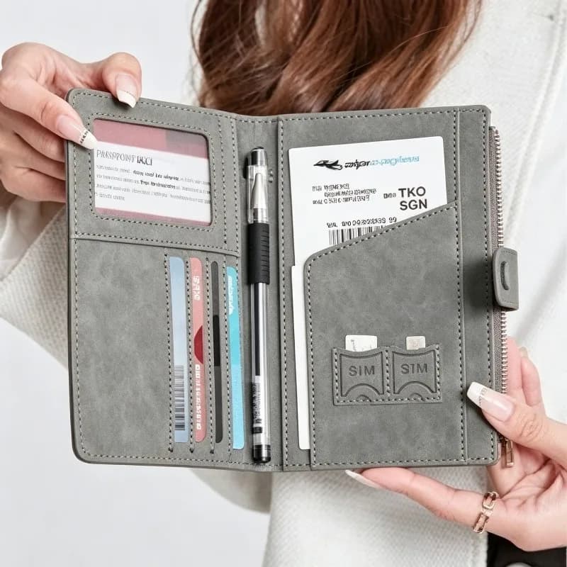 Women Multifunctional RFID Blocking Passport Holder Travel Wallet Card Holder Travel Zipper Clasp PU Leather Simple Portable