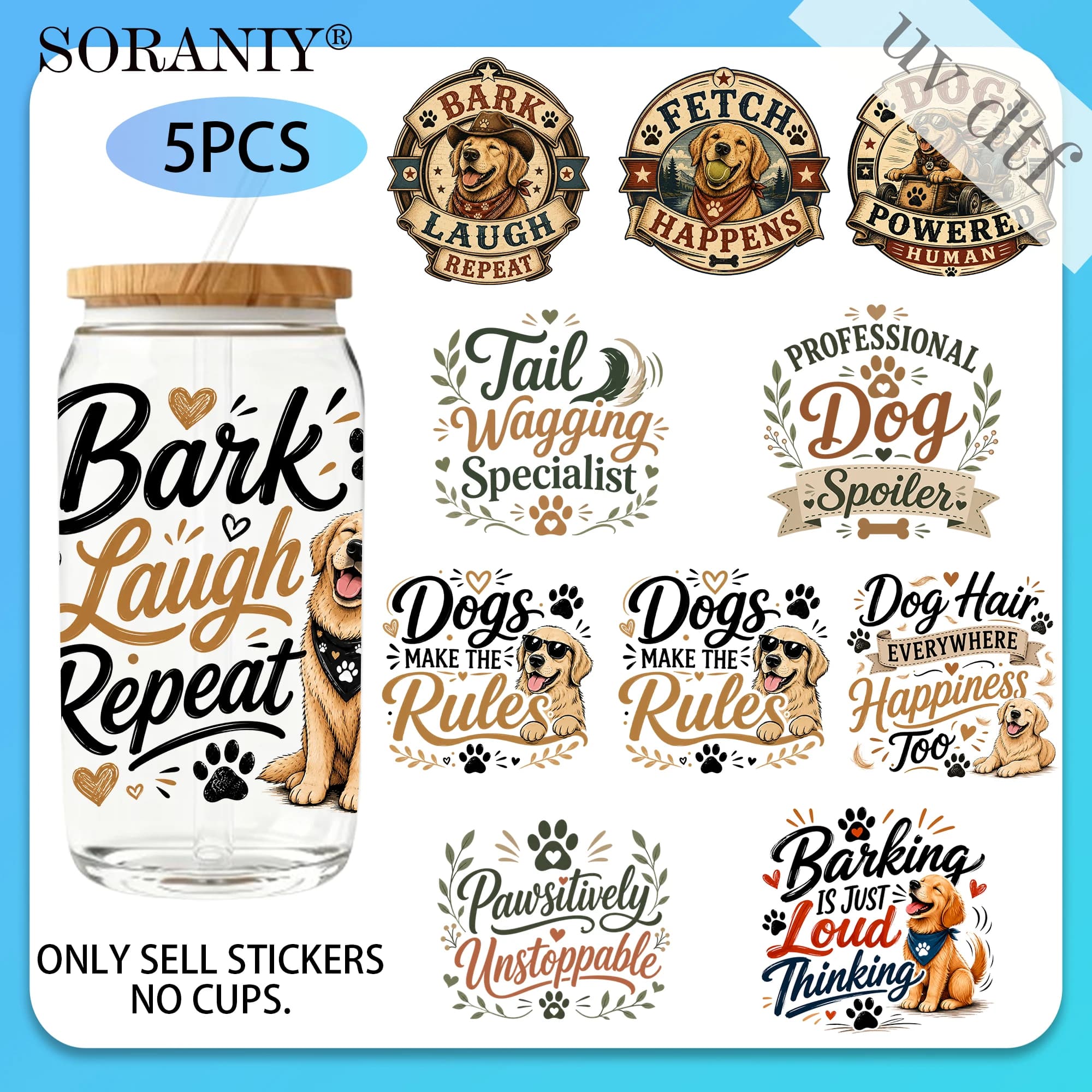 5PCS/Set Funny Dog Quotes Themed UV DTF DIY 16OZ Transfer Stickers Water Bottles Glass Bottles