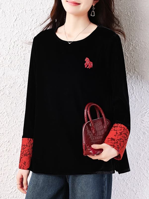 Authentic New Chinese Style Black Velvet T-Shirt Versatile Base Layer Shirt Top for Women Straight Cut Polyester Fiber
