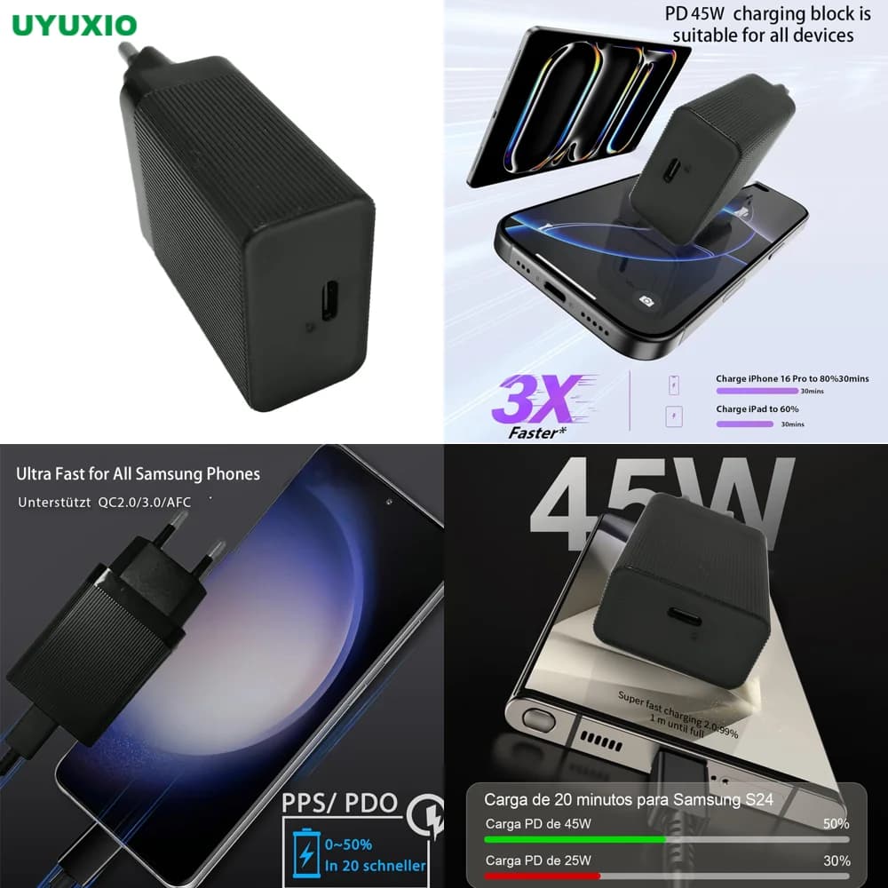 UYUXIO Adattatore da Muro Turbo con Spina EU 45W, Caricatore USB C a Ricarica Rapida per Samsung iPhone e Telefoni Cellulari