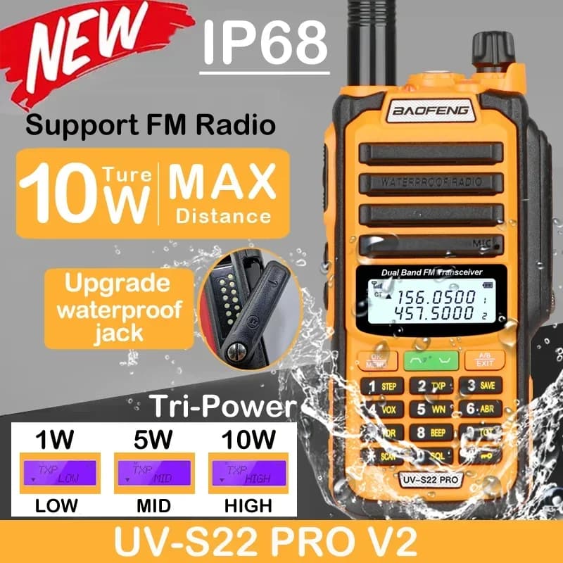 2025 Baofeng UV S22 PRO V2 IP68 Impermeabile 10W Potenza Walkie Talkie Tipo-C Caricatore Radio FM UHF VHF Aggiornamento a lungo raggio UV-9R Plus