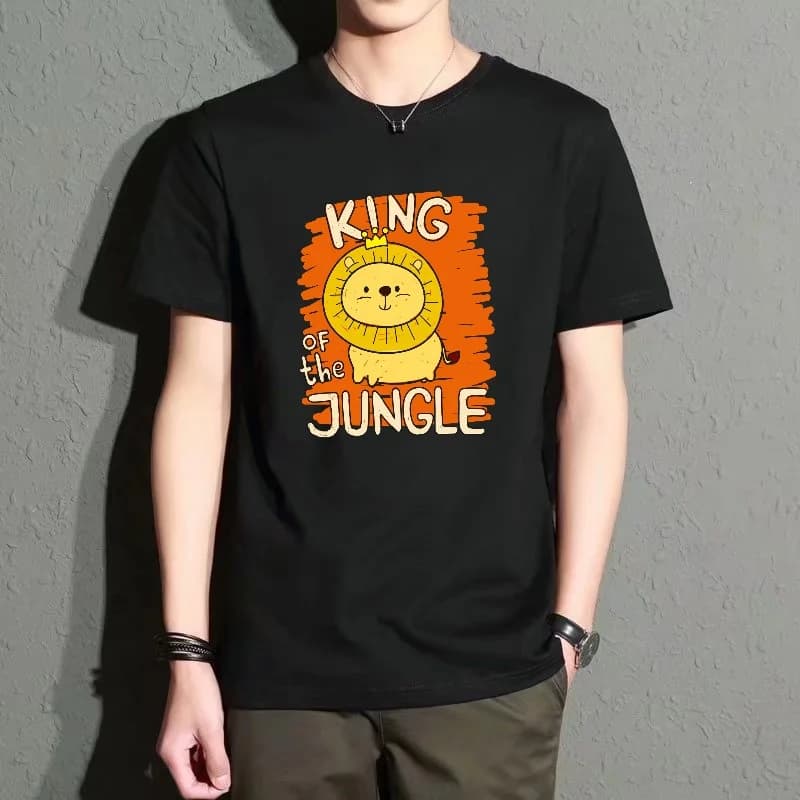 Men's Black Round-Neck Short-Sleeved T-Shirt, Cartoon Lion Print Casual Top, Fun Animal Pattern, Versatile for Everyday Wear, Loose and Comfortable, Summer Street Style
