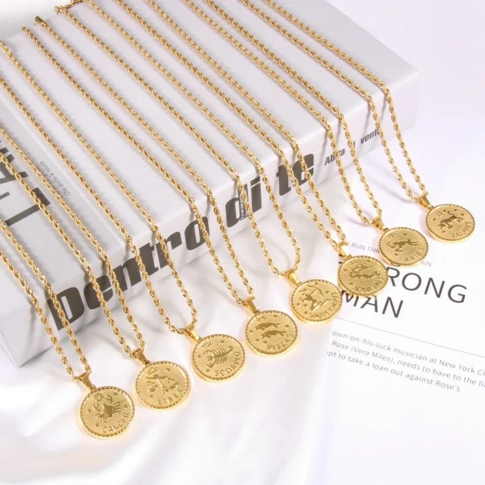12 Ciondolo con moneta costellazione Moneta d'oro 18 carati Segno zodiacale in acciaio Boho Borsa per gioielli di moda Ciondoli con ciondolo Creazione di gioielli fai da te