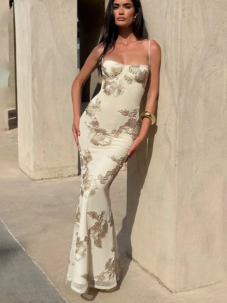 Women's Light Blue 3d Floral Mermaid Maxi Dress Sexy Spaghetti Strap Waist-cinching Slim Gowns 2026 Summer Female Party Robes