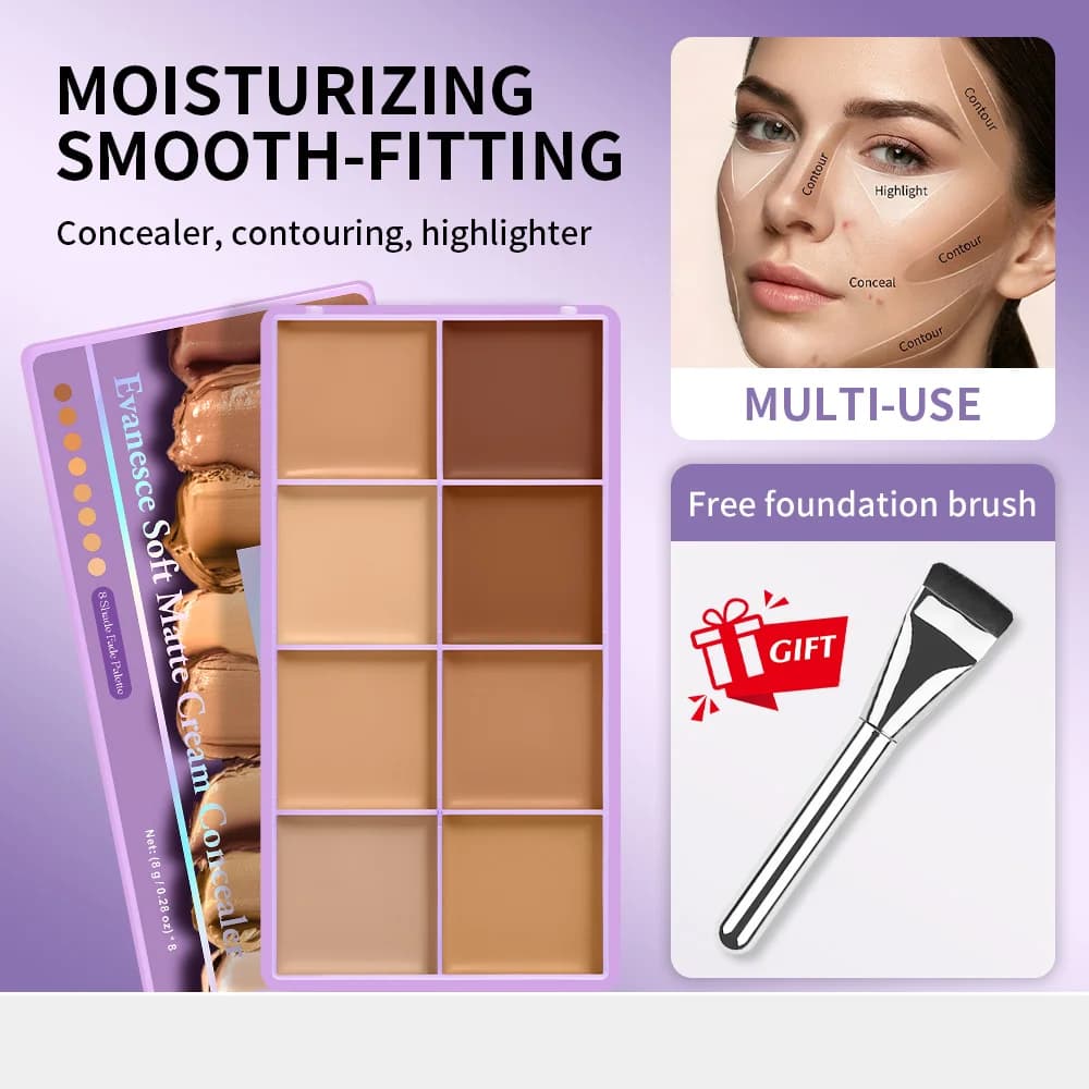 2pcs 8 Shades Concealer Palette Full Coverage Waterproof Long Lasting Cover Dark Circles Blemishes With Makeup Brush