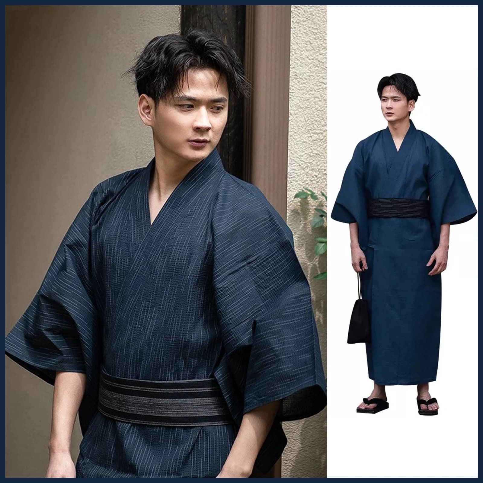 Kimono by Samurai traditional Japanese for men Yukata bathrobe Hekoobi style loose dress from Sauna belt for home long dress in cotton