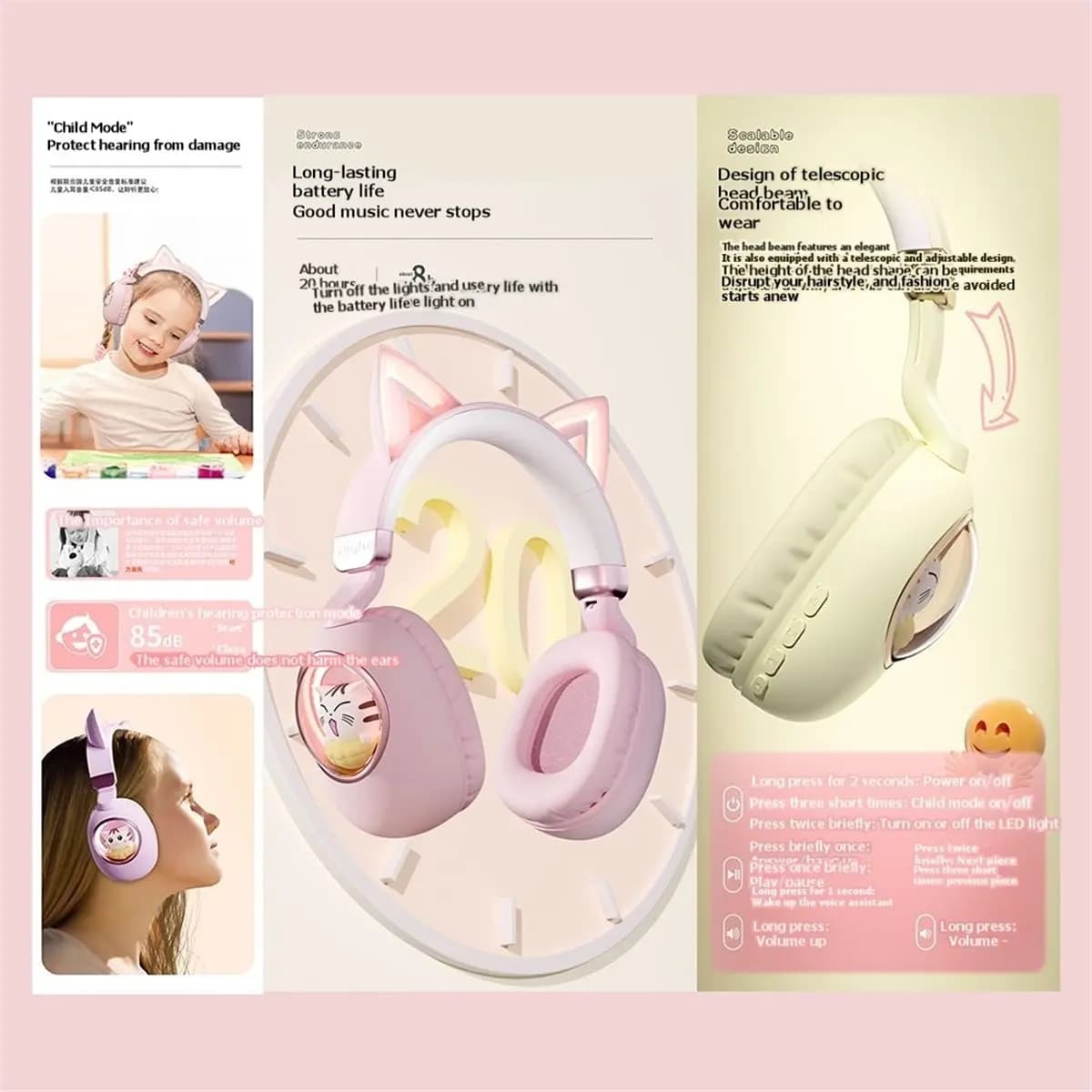 [VALUE PACK]Cute Cat Ear Bluetooth 5.3 Wireless Headset for Kids Girls Foldable Cat Earphone Birthday Gift with LED Lights C