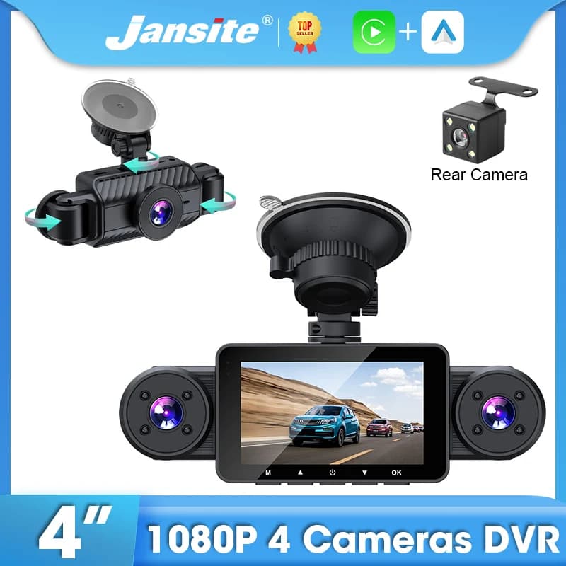 Jansite 1080P DVR per auto Dashcam a 4 canali Videocamera anteriore interna e posteriore Videoregistratore Visione notturna per telecomando WIFI per veicoli