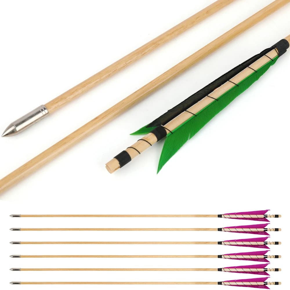 Frecce in Legno da 32,3 Pollici, 6/12 Pezzi, Punta in Acciaio Inox OD8mm, Piume di Tacchino, Accessori per Tiro con l'Arco e Caccia