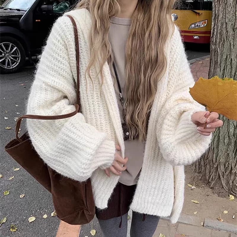 Cardigan con cappuccio aperto sul davanti in maglia grossa per donna Comodo maglione palangari con cappuccio Cappotto femminile Casual Chic Autunno Inverno Outfit