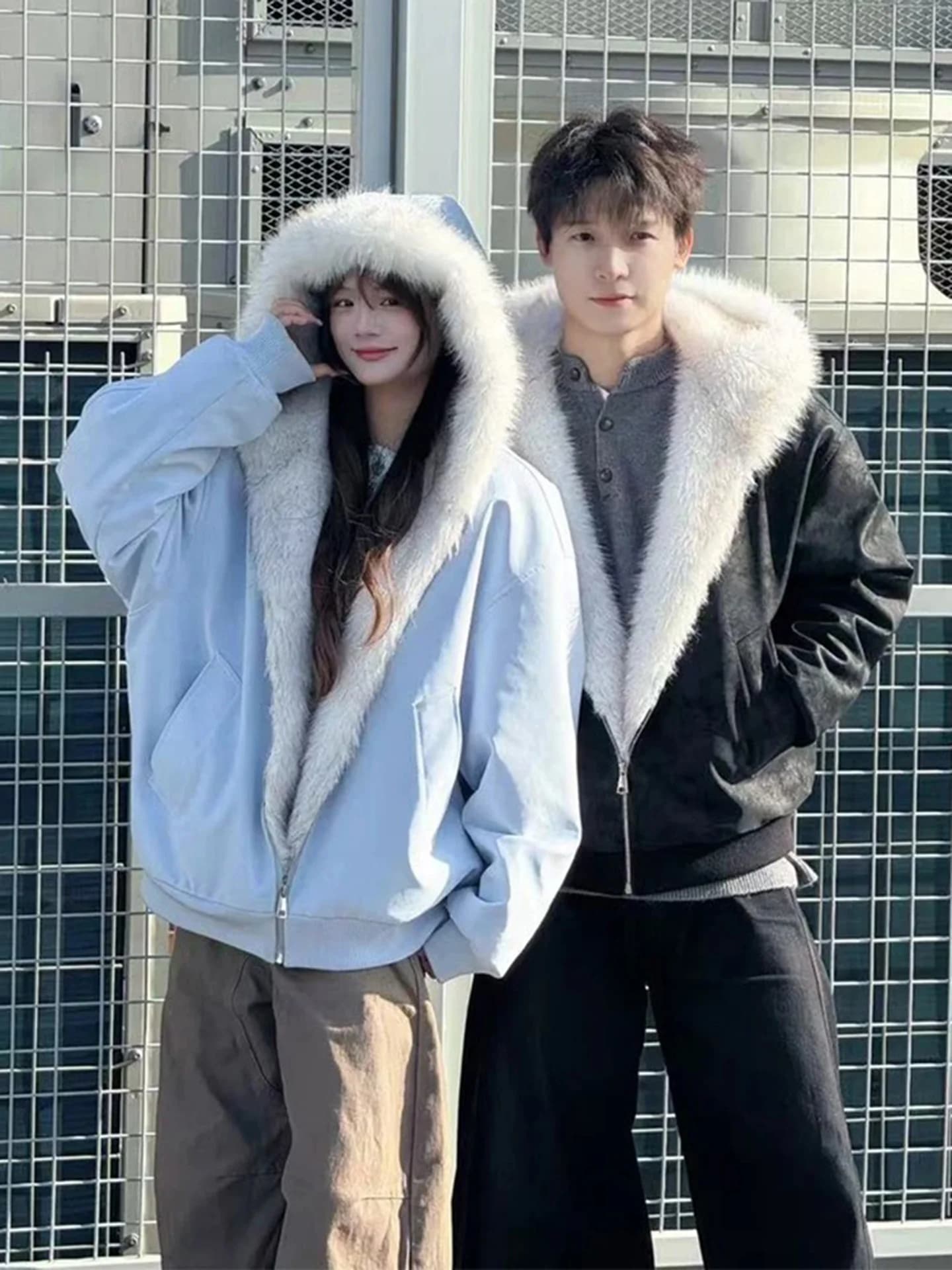 American Style Hooded PU Leather Cotton Jacket Short Thickened Women's Winter Warm Couple's Clothing Casual Commute Style