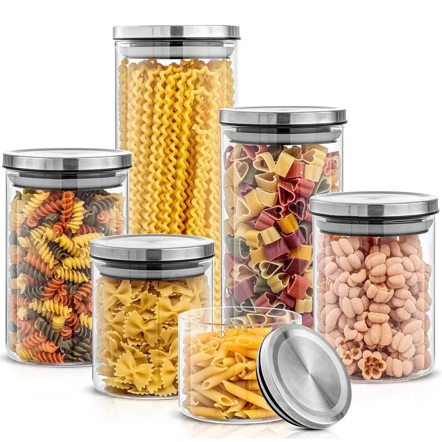 Kitchen jars set. 6 glass jars with stainless steel covers. Airtight containers for food for pantry or worktop. Pour