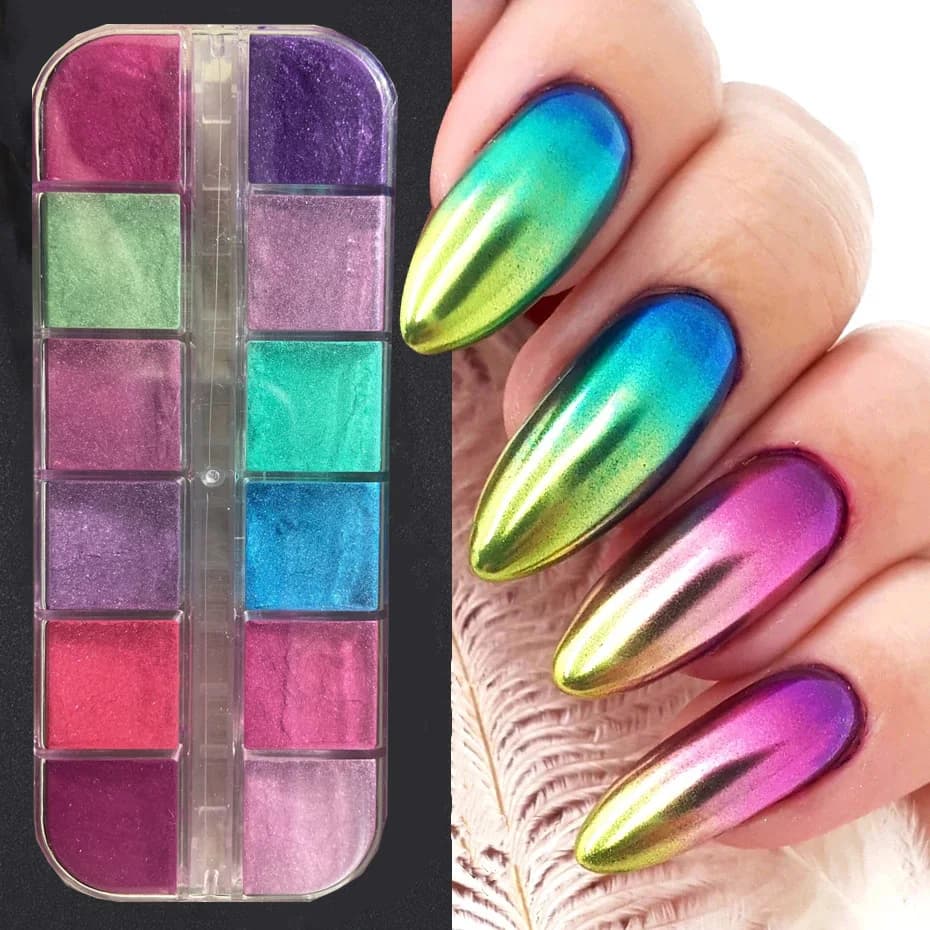 12Grids Aurora Mirror Powder Nail Art Glitter Irridescent Chrome Dust Metallic Effect Gel Polish Mermaid Rubbing Pigment Decor *