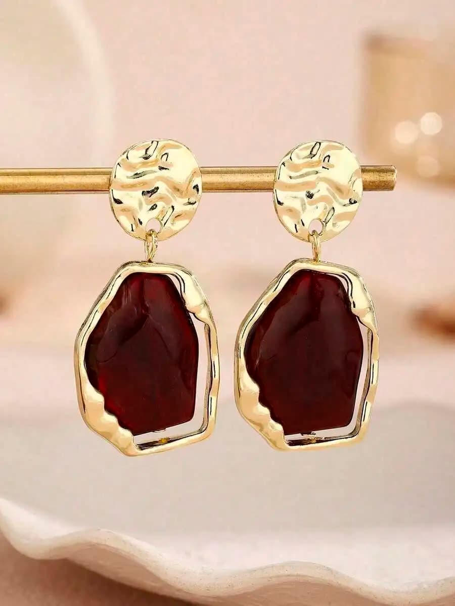 Bohemian Resin Earrings With Textured Gold Tone Setting