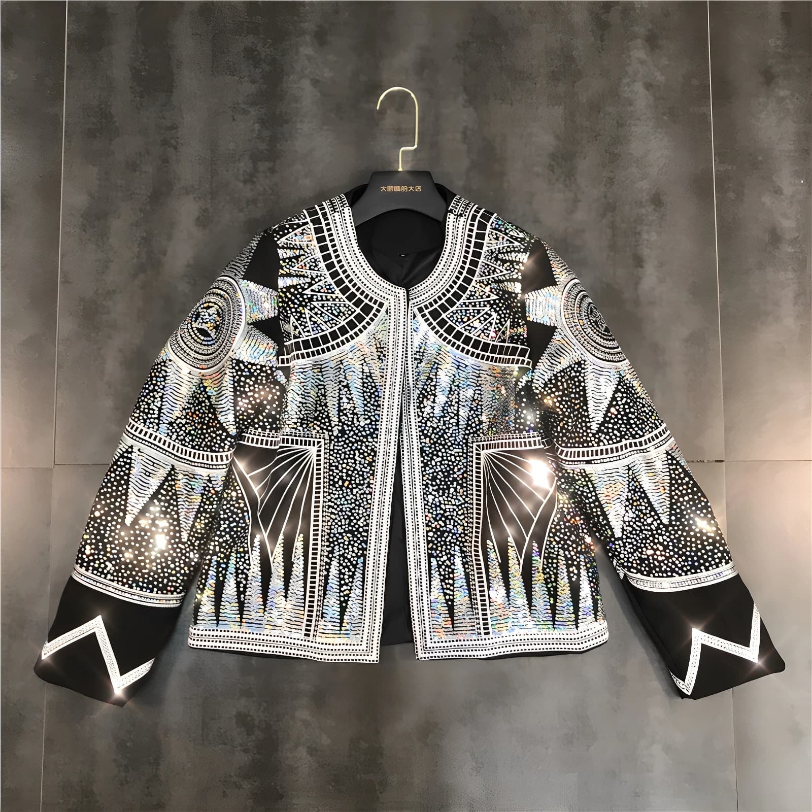 Shiny Sequin Embroidered Heavy Work Jacket Short Outerwear Autumn New Arrival Women's Loose Fit Long Sleeve round Neck