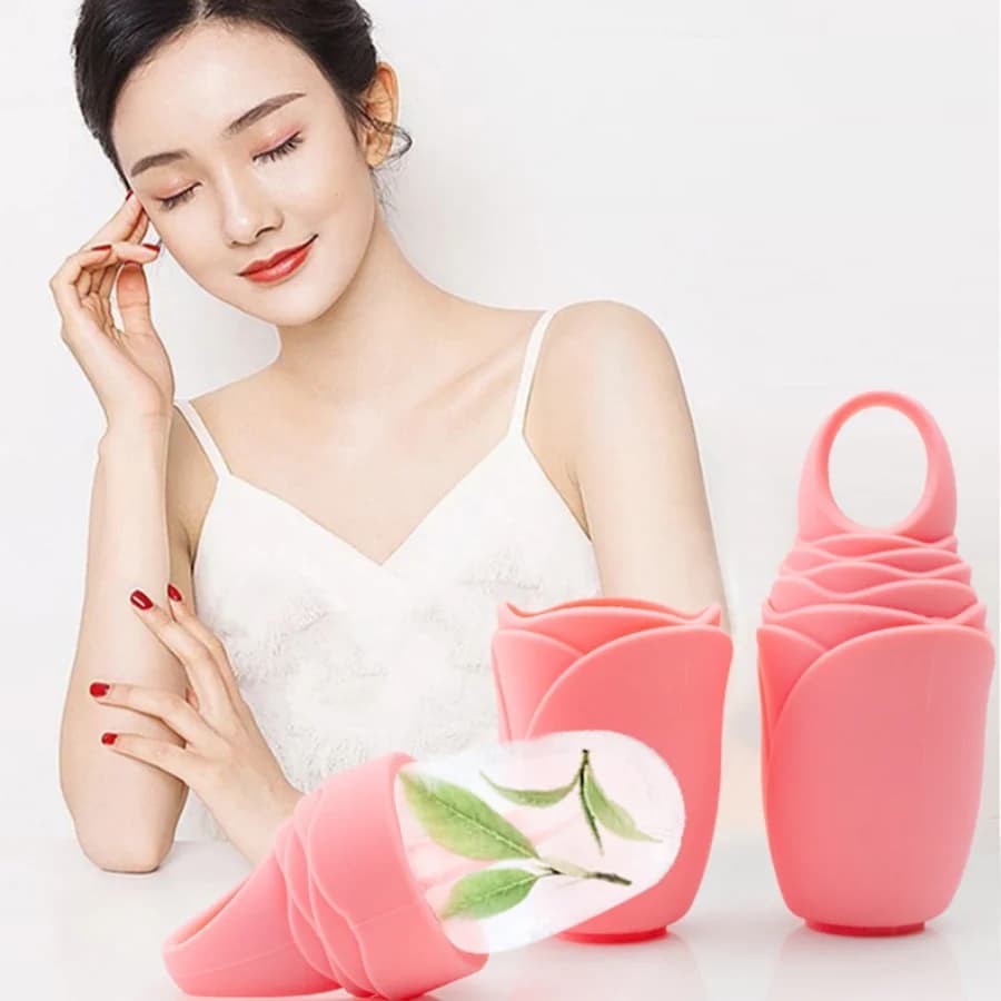 Maschera di ghiaccio per massaggio in silicone con motivo a rose e design con manico, per impacchi di ghiaccio facciali e stampo per cubetti di ghiaccio, stampo per ghiaccio per il viso.