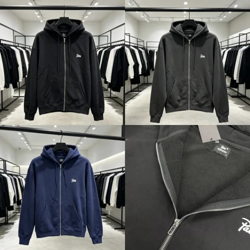 Fall Winter New Collection PATTA Unisex Zip Up Hoodie Small Embroidery Logo Loose Drawstring Full‑Zip Street Hooded Jacket