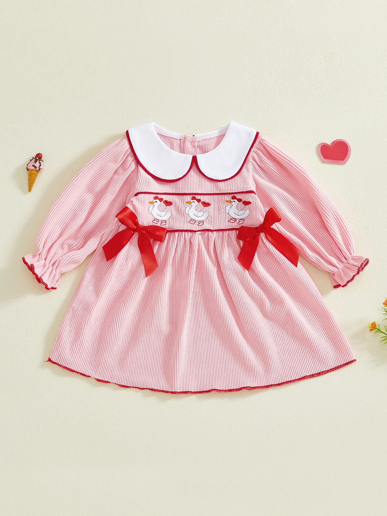 Valentine's day dress for girls with sleeves, doll collar, goose embroidery, bow detail, trapeze and striped silhouette