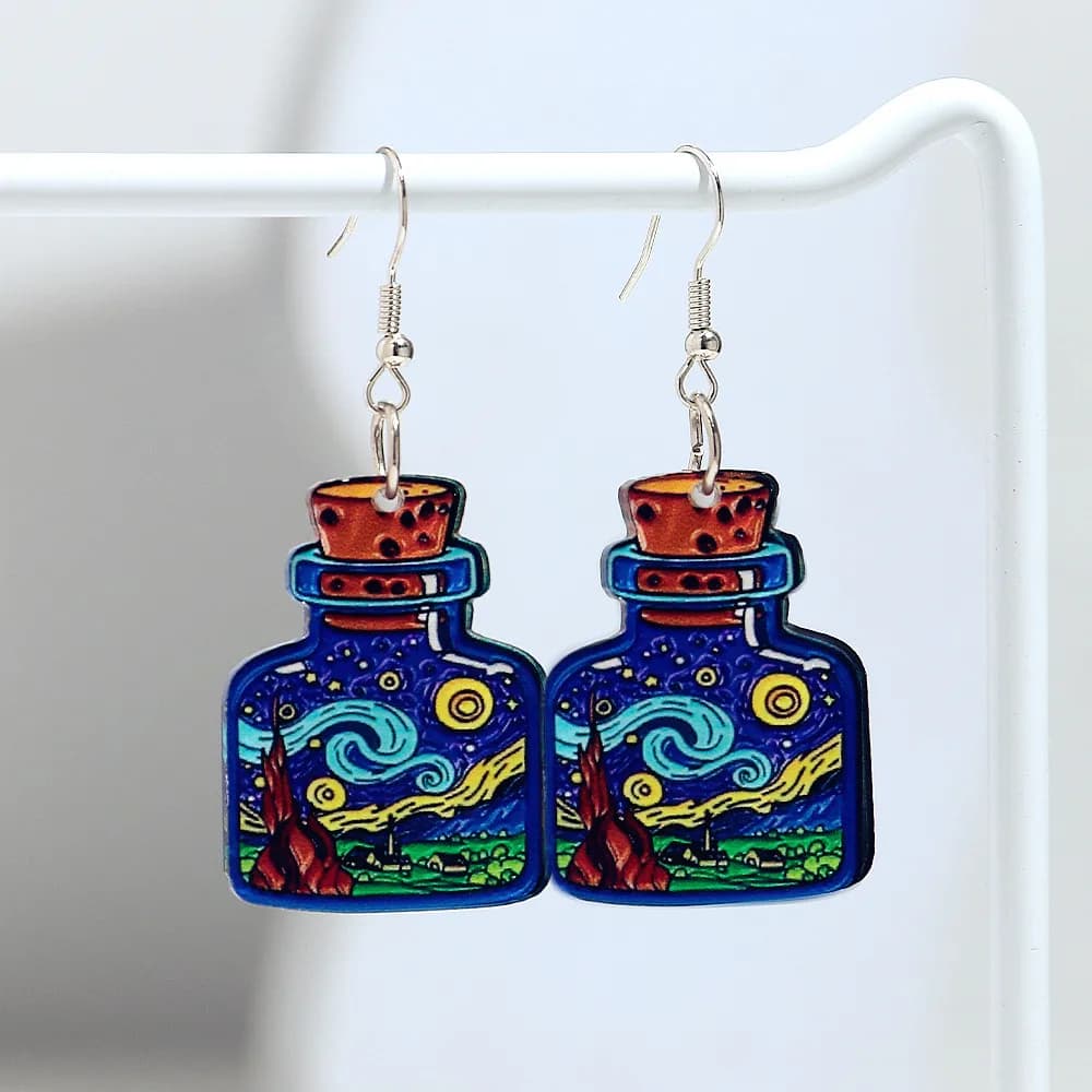 2D Acrylic Print Starry Sky Wish Bottle Pendant Earrings Women Creative World Famous Painting Drop Earring Fashion Jewelry Gift