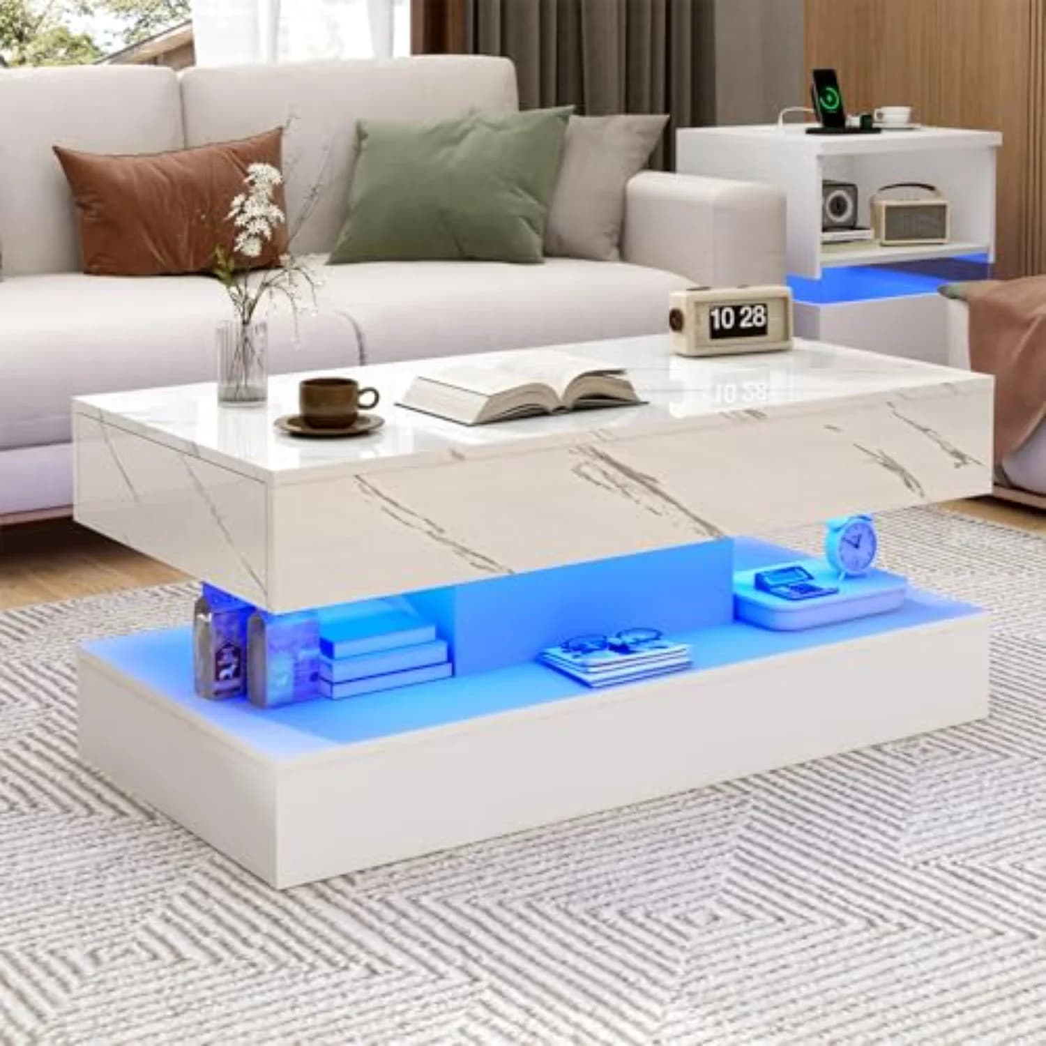39.4" Large High-Glossy LED Coffee Table with 2 Sliding Drawers, Living Room Storage Coffee Tables with Marbling Print