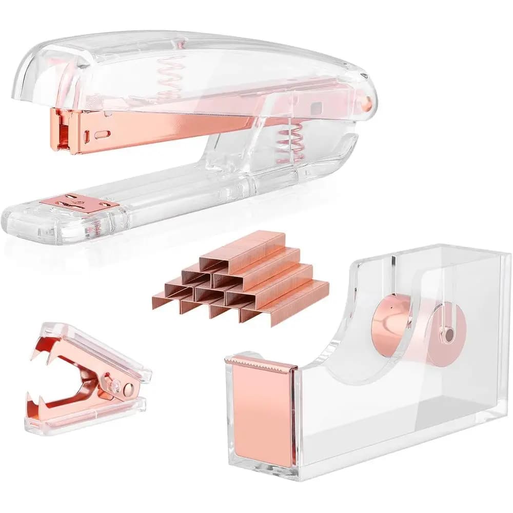 Rose Gold Desk Accessory Kit: Acrylic Stapler, Dispenser, Remover, 1000 Staples