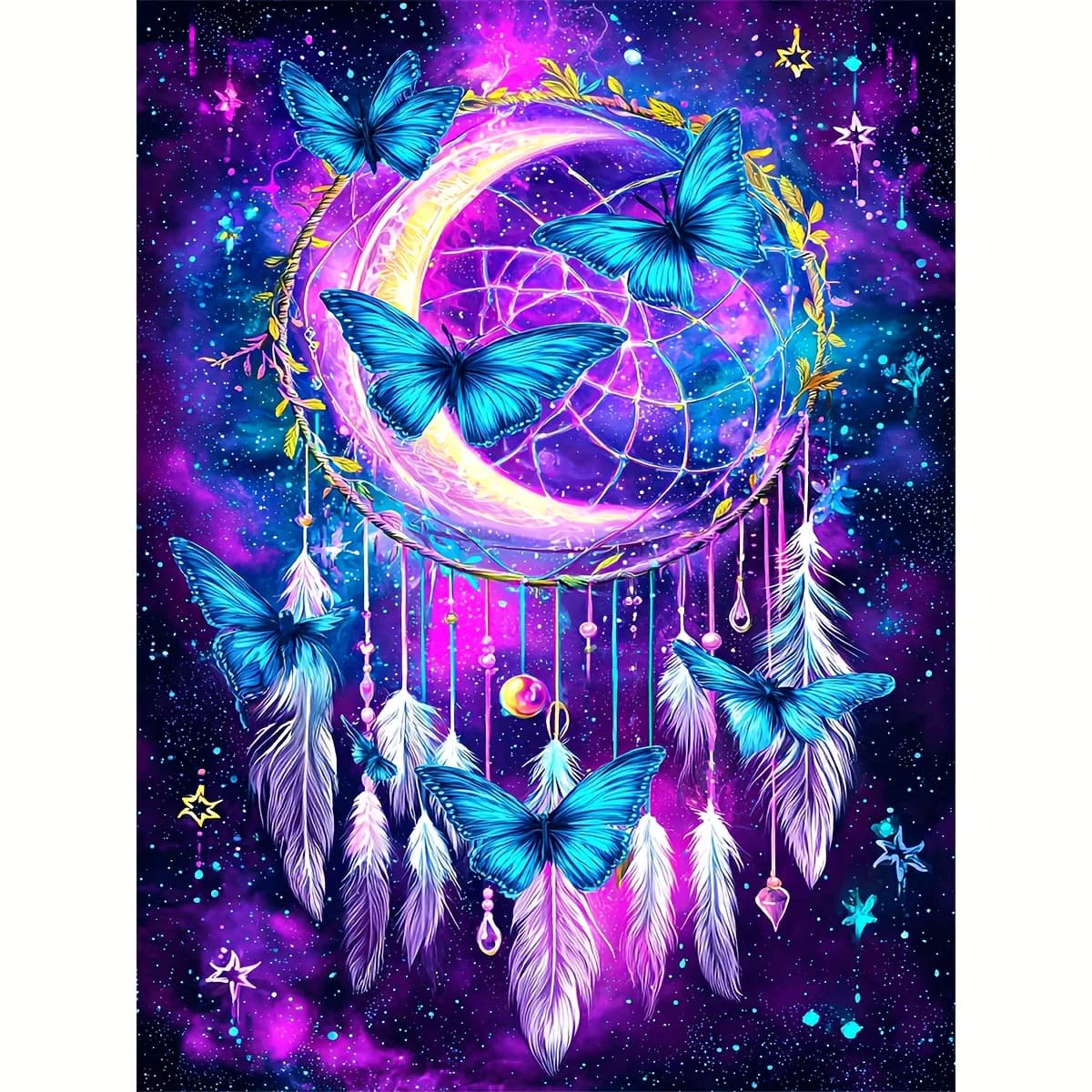 Frameless Round Diamond Painting Kit, BButterfly Dream Catcher, 5D Square Diamond Painting, All-artificial Rhinestone Mosaic