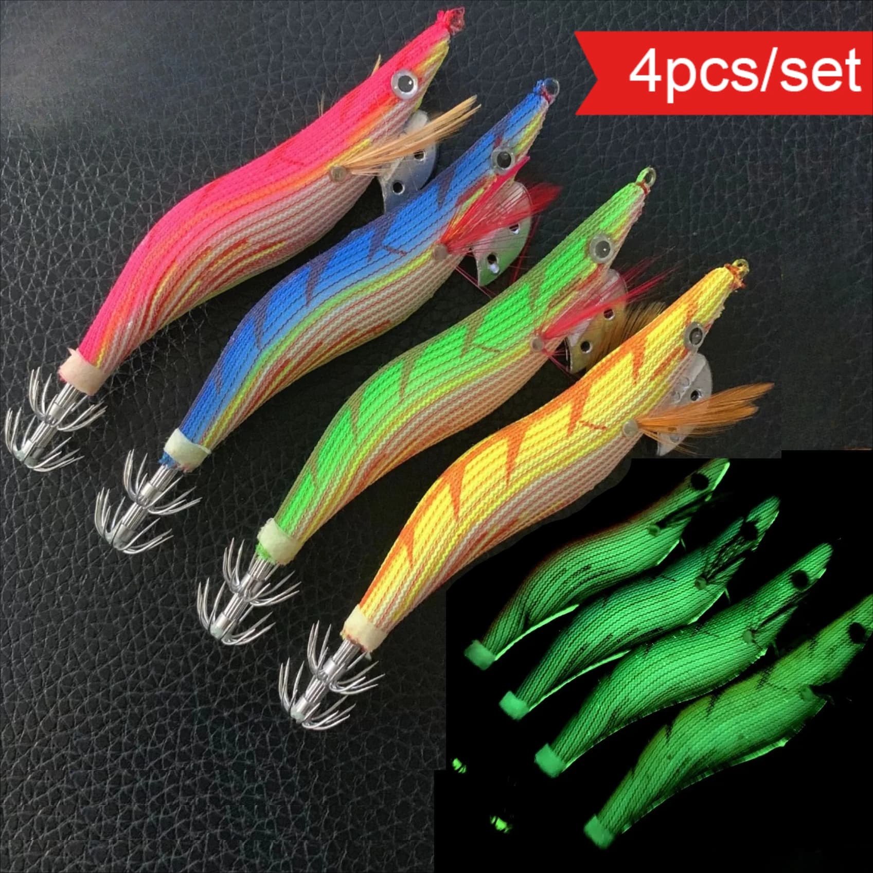 4pcs Luminous Wood Shrimp Squid Jigs Color Gradient Egi Lures Glow Tail Umbrella Hook Artificial Prawn Bait Saltwater Night