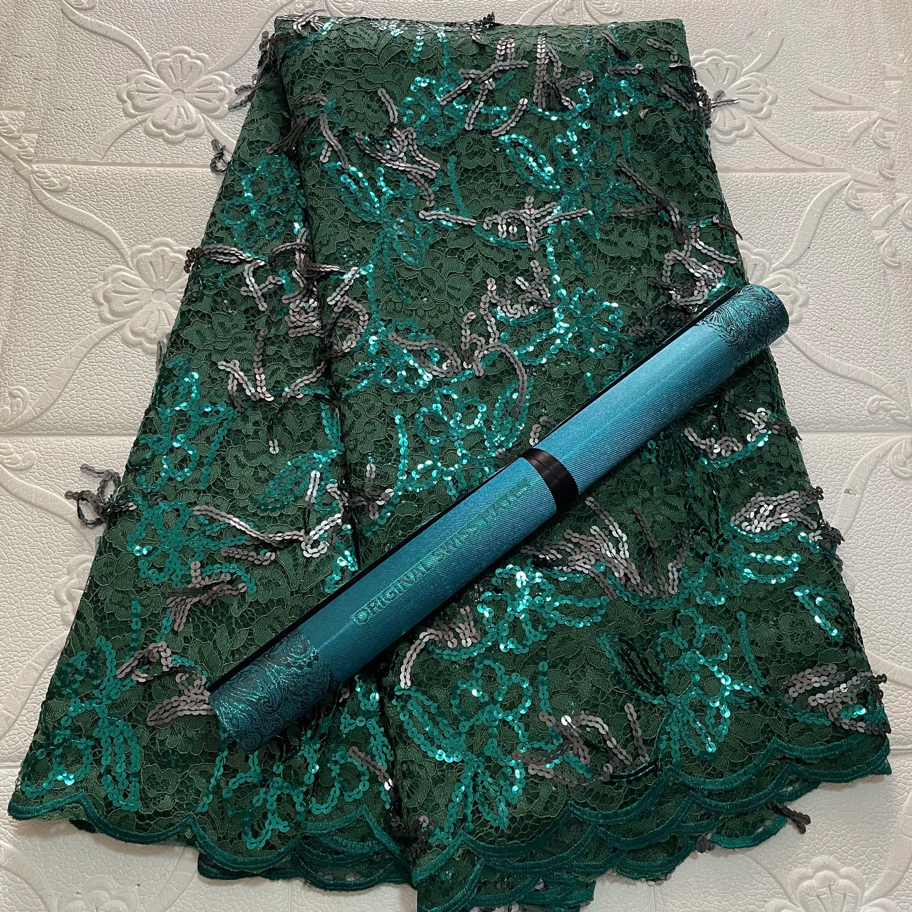 African Luxury Tassel Sequins Lace Fabrics French Net Embroidery Tulle Materials 5Yards Match Hayes JS Sego Gele Headtie 2 Pcs