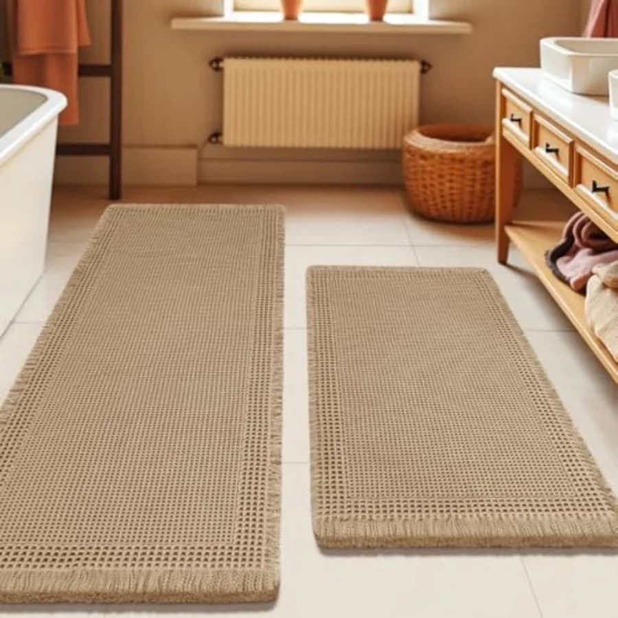 Set di Tappetini da Bagno Waffle 2 Pezzi, Tappeti Boho Assorbenti Antiscivolo Ultra Morbidi, Lavabili in Lavatrice