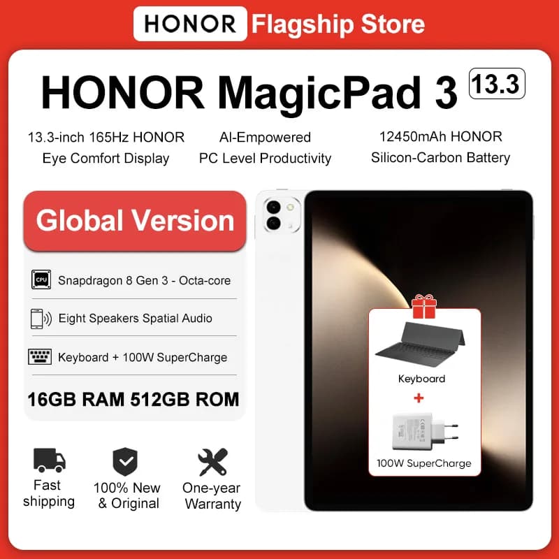 HONOR MagicPad 3 Tablet Versione Globale 13.3'' Schermo con Protezione Occhi 165Hz Snapdragon 8 Gen 3 Batteria a Lunga Durata 12450mAh