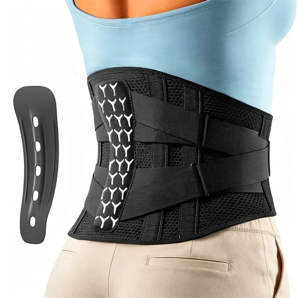 Breathable Mesh Back Support Belt with Metal Steel Stays, Adjustable Compression Waist Brace for Sports Fitness Running Cycling