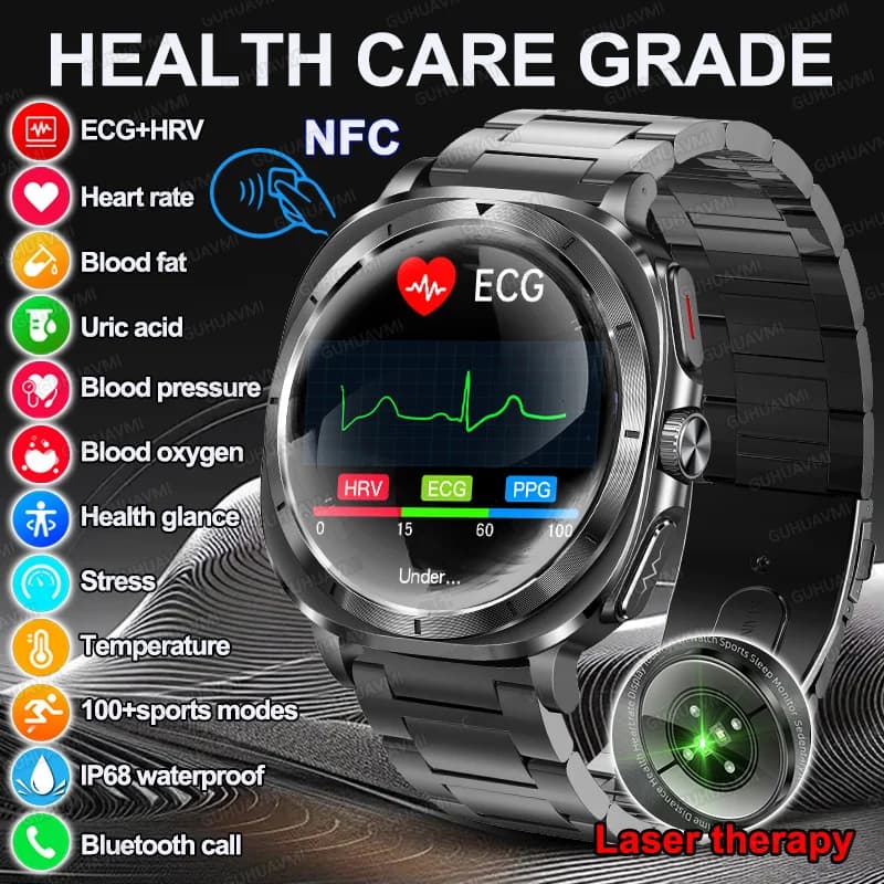 2025 Nuova Terapia Laser ECG Pressione Sanguigna Smart Watch Acido Urico Sangue Lipidi Organo Monitor Orologio NFC BT Chiamata Salute Orologi da Uomo