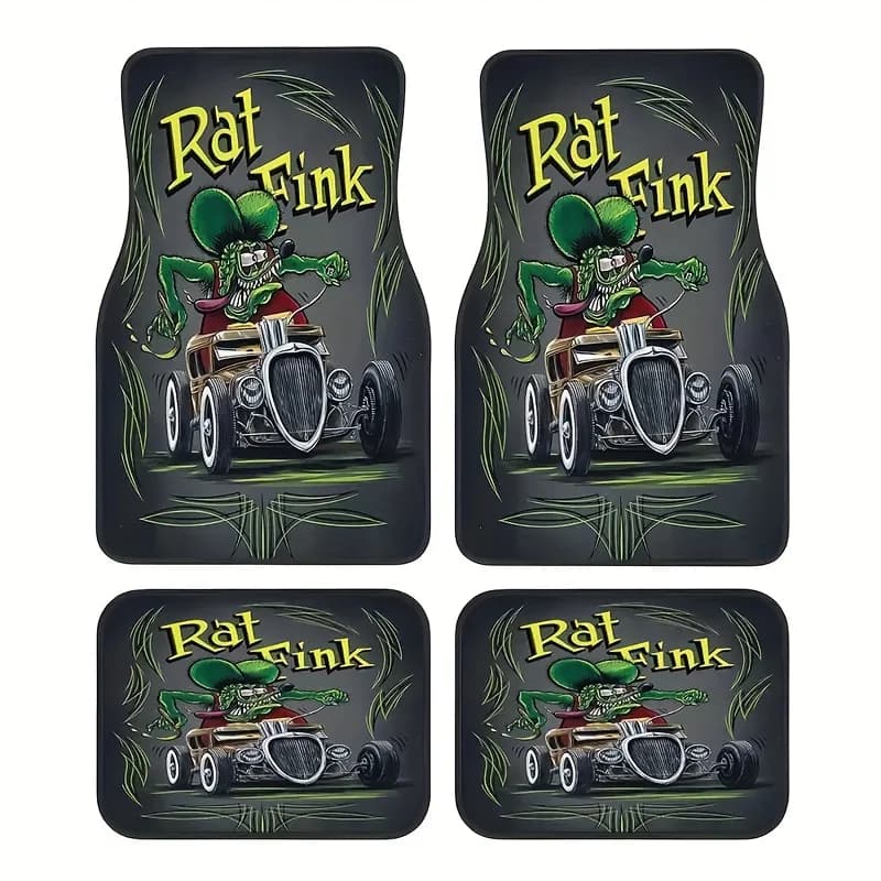 4pcs Rat Fink Style Car Mats - All-Weather, Full Coverage, Easy To Clean, Durable Liner, Heavy-Duty Non-Slip Polyester Floor Mat
