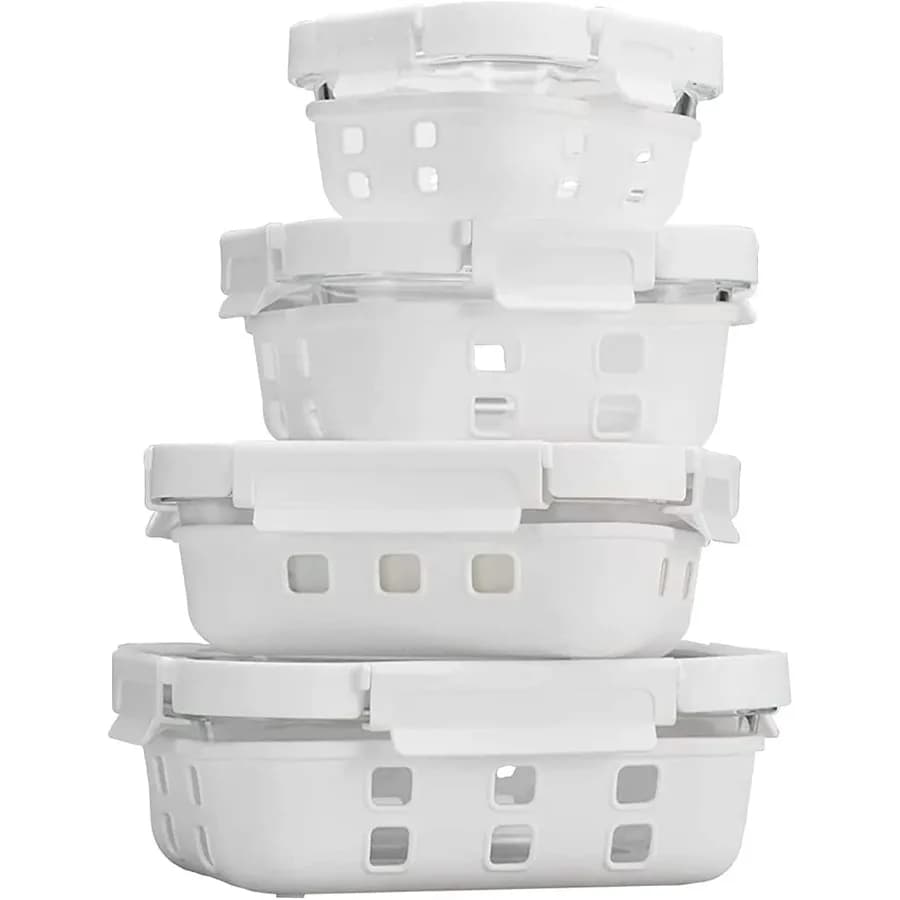 Contenitori per la preparazione dei pasti in vetro per la conservazione degli alimenti - Involucro in silicone alimentare e sfiato con rilascio dell'aria, forma rettangolare - Set da 8 pezzi (4 contenitori