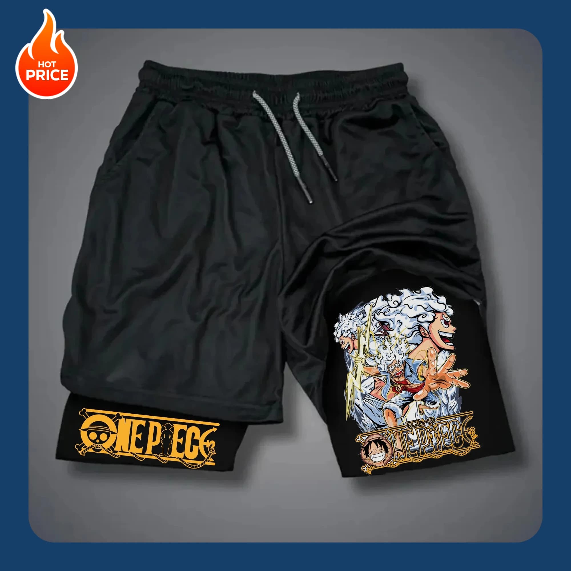 New 2-in-1 Gym Shorts for Men, Anime One Piece Luffy Gear 5 Nika Sun God Multi Form, Shorts for Fitness and Running