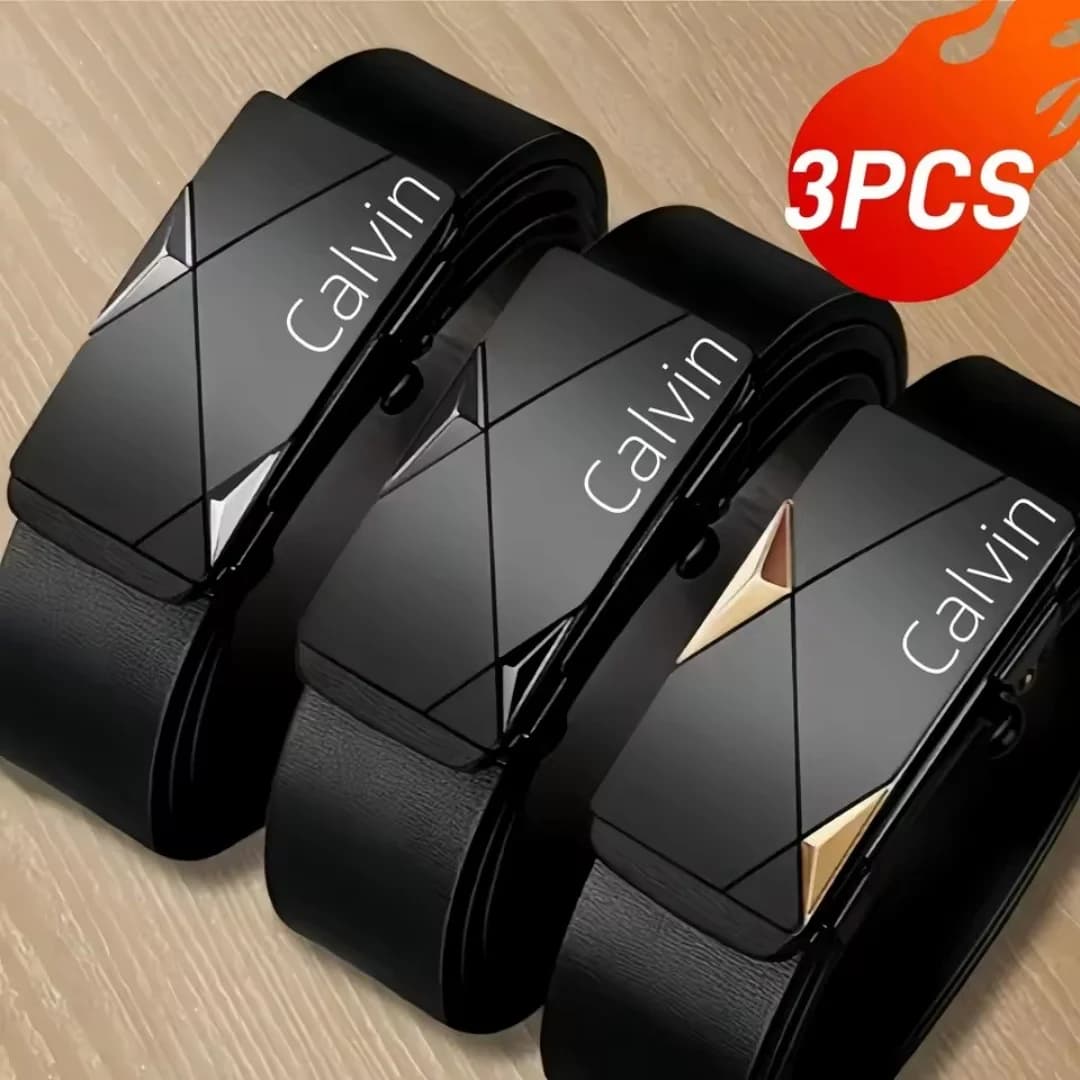 3Pcs Stylish Men Auto‑Lock Buckle Belt Collection, Modern Geometric Metal Buckle Belts For Office Business Daily Outfit