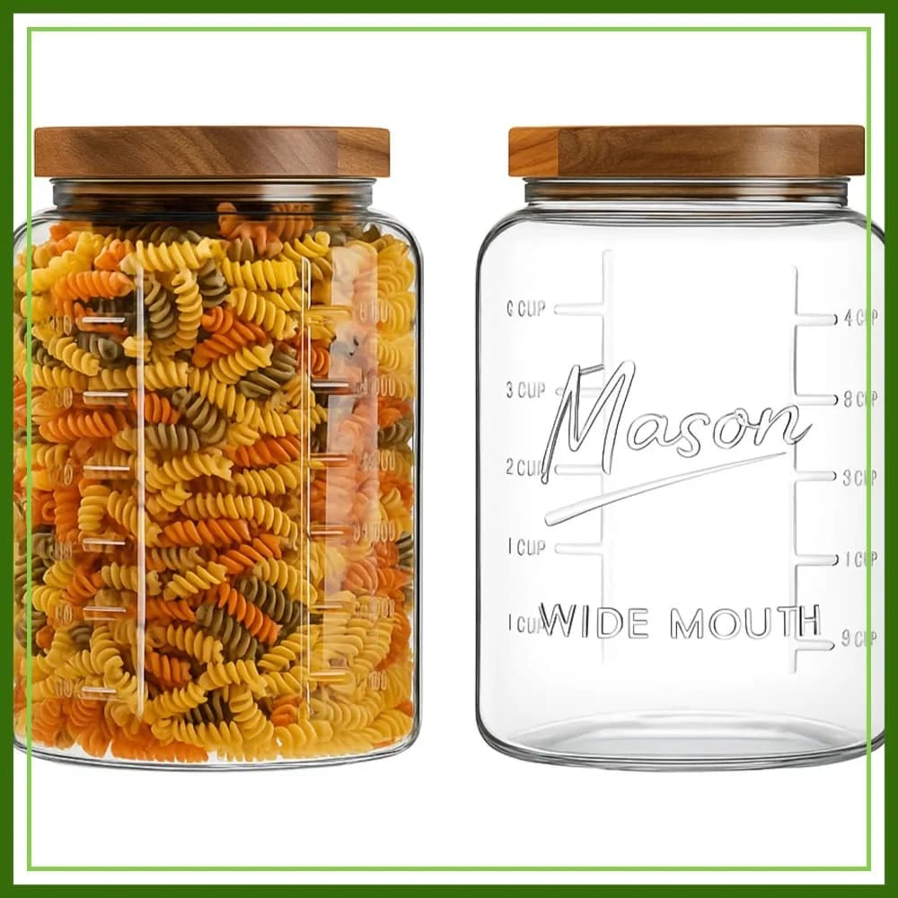 Barattolo in Vetro da 1 Gallone con Coperchio Ermetico in Legno, Contenitore per Alimenti a Bocca Larga con Indicatori di Misurazione per Dispensa, Sottaceti, Biscotti, Farina e Zucchero - Confezione da 2