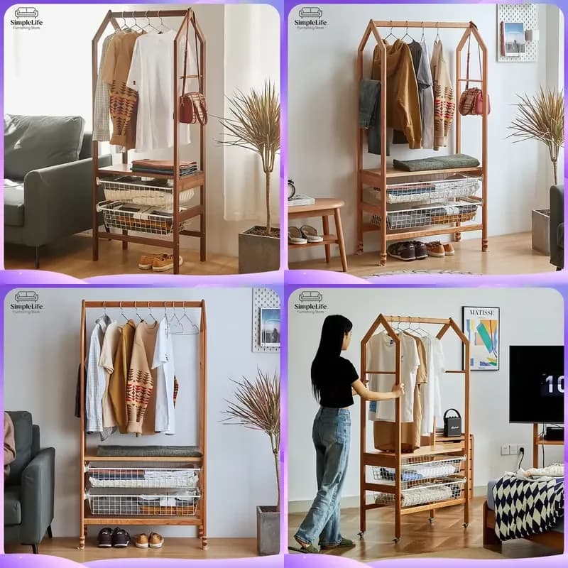Solid Wood Floor to Ceiling Coat Rack with Pull Out Basket Multi Functional Portable Clothes Hanger Stand for Bedroom Home