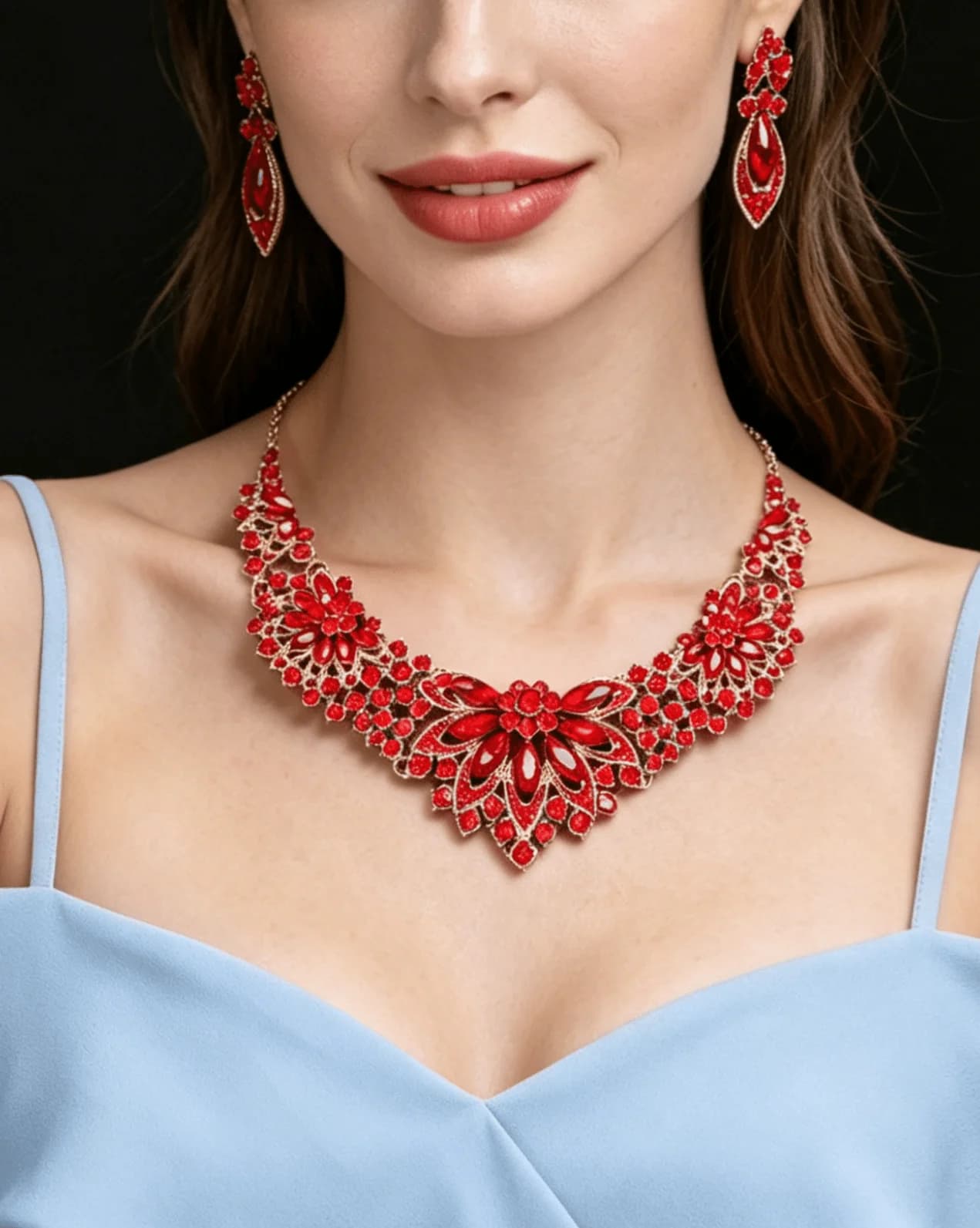 Set di collana e orecchini con fiori rossi, gioielli alla moda per donna