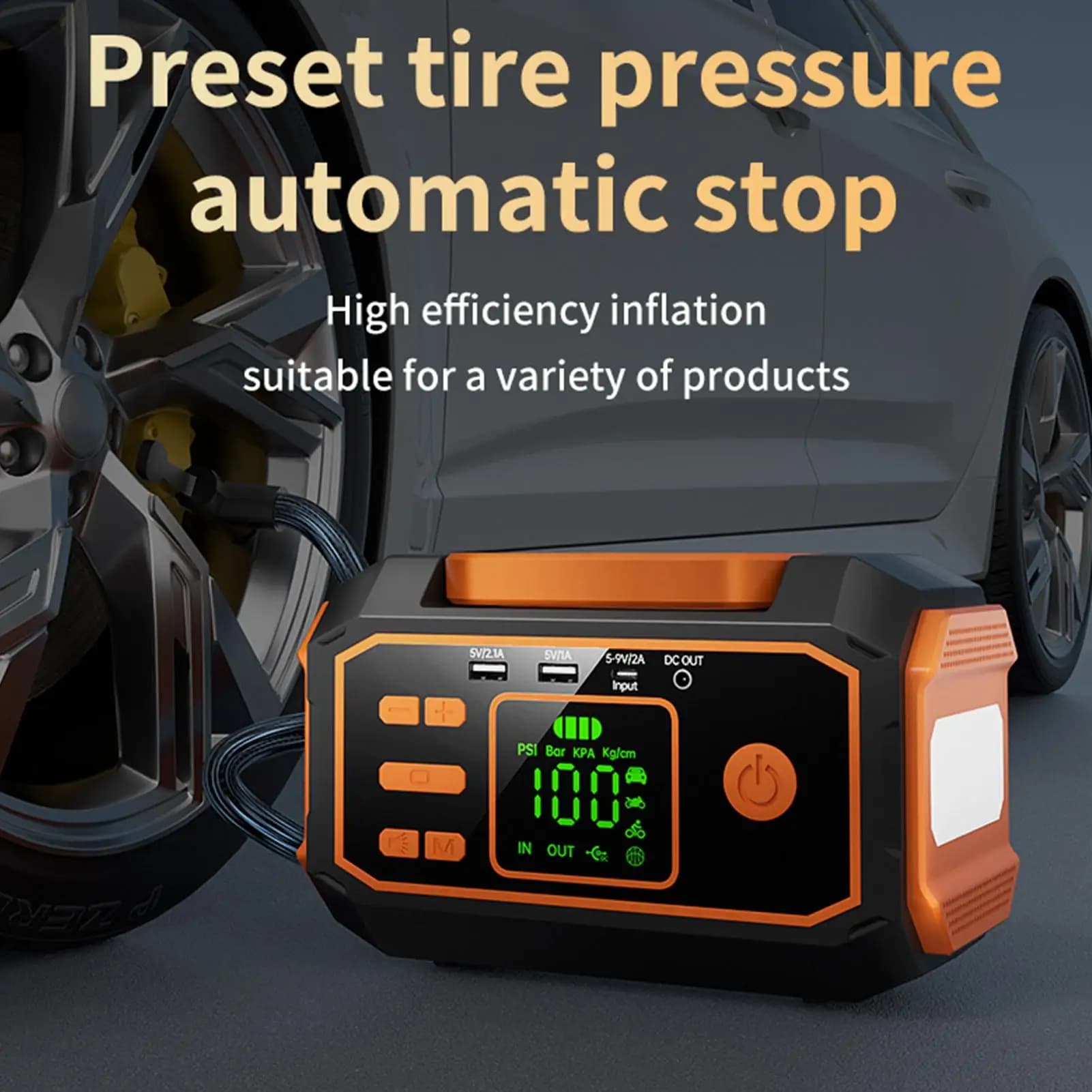 Gonfiatore portatile per pneumatici per compressore d'aria a pressione digitale per auto con pompa per pneumatici per veicoli mobili a luce LED per bici da campeggio RV