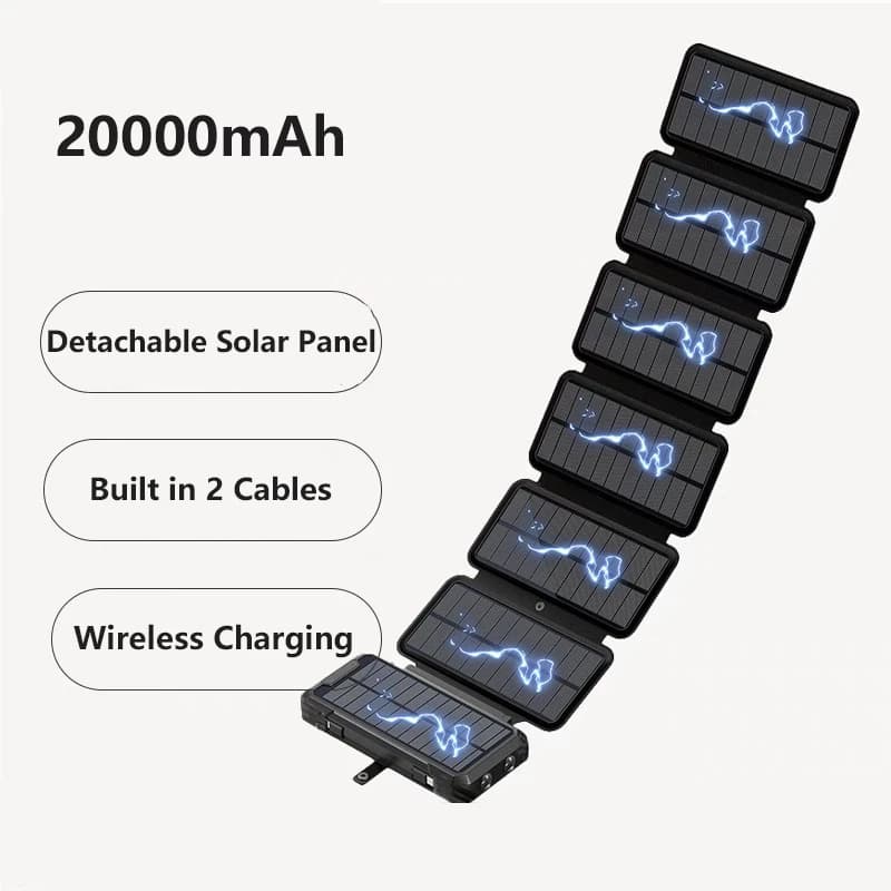 Power Bank 20000mAh Caricatore wireless Ricarica a manovella con cavo Caricatore solare pieghevole per iPhone Samsung Forniture da campeggio