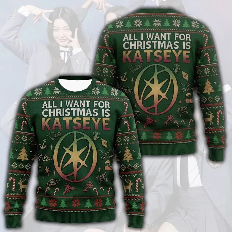 2026 KATSEYE Kpop Ugly Christmas Sweater 3D Logo Print Sweatshirt All I Want For Christmas Is KATSEYE Xmas Gift Unisex Pullover