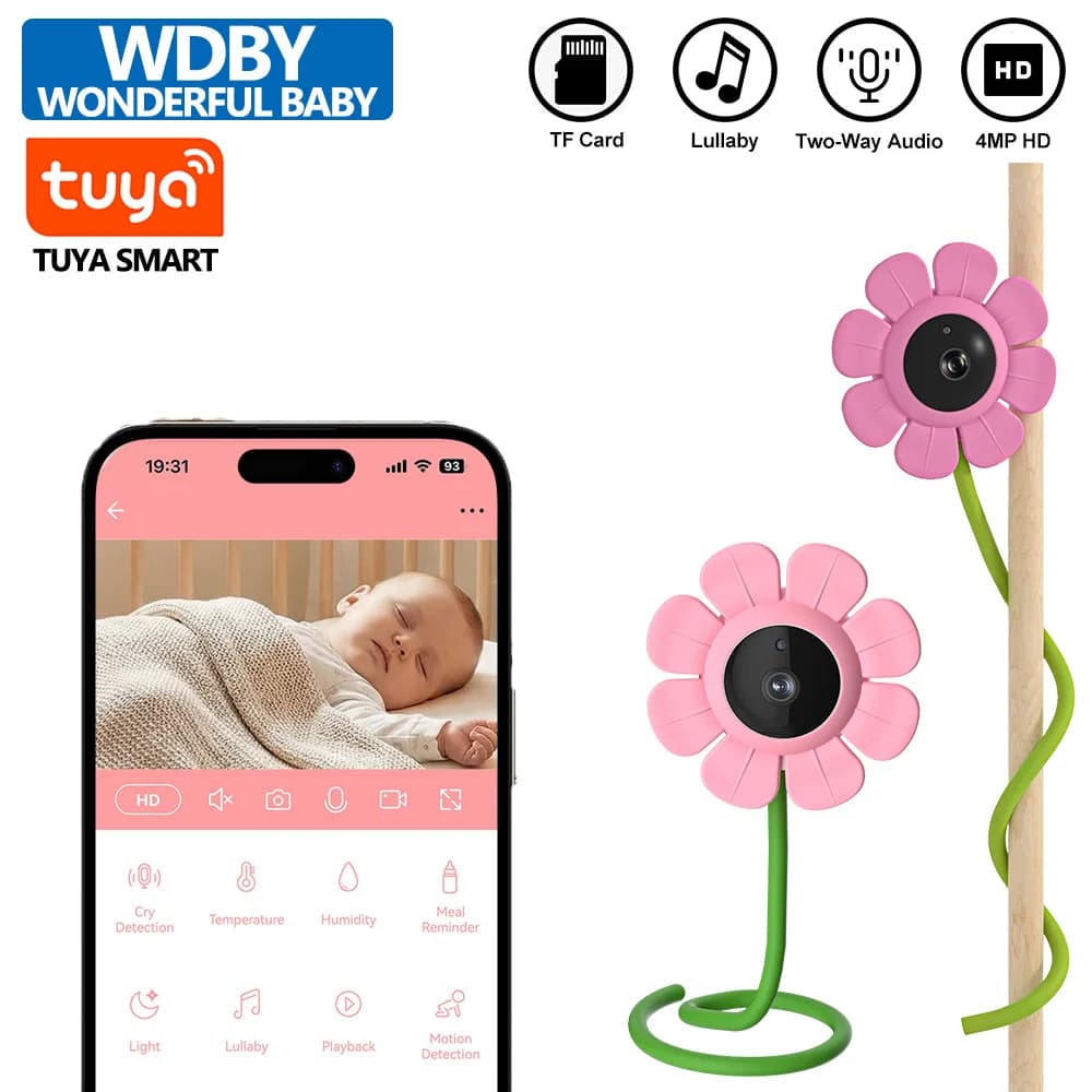 Monitor per Bambini HD 4MP, Telecamera di Protezione Domestica con Audio Bidirezionale, Visione Notturna IR, Design a Fiore con Supporto, Compatibile con TUYA/Smart Life