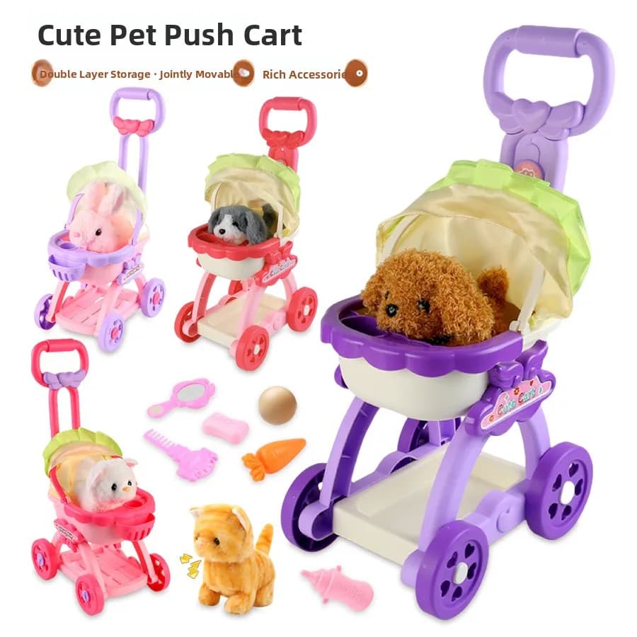 Giocattolo Passeggino per Animali Domestici per Cani e Gatti, Gioco di Immaginazione per Bambini, Bambole Parlanti e Camminanti, Design Realistico