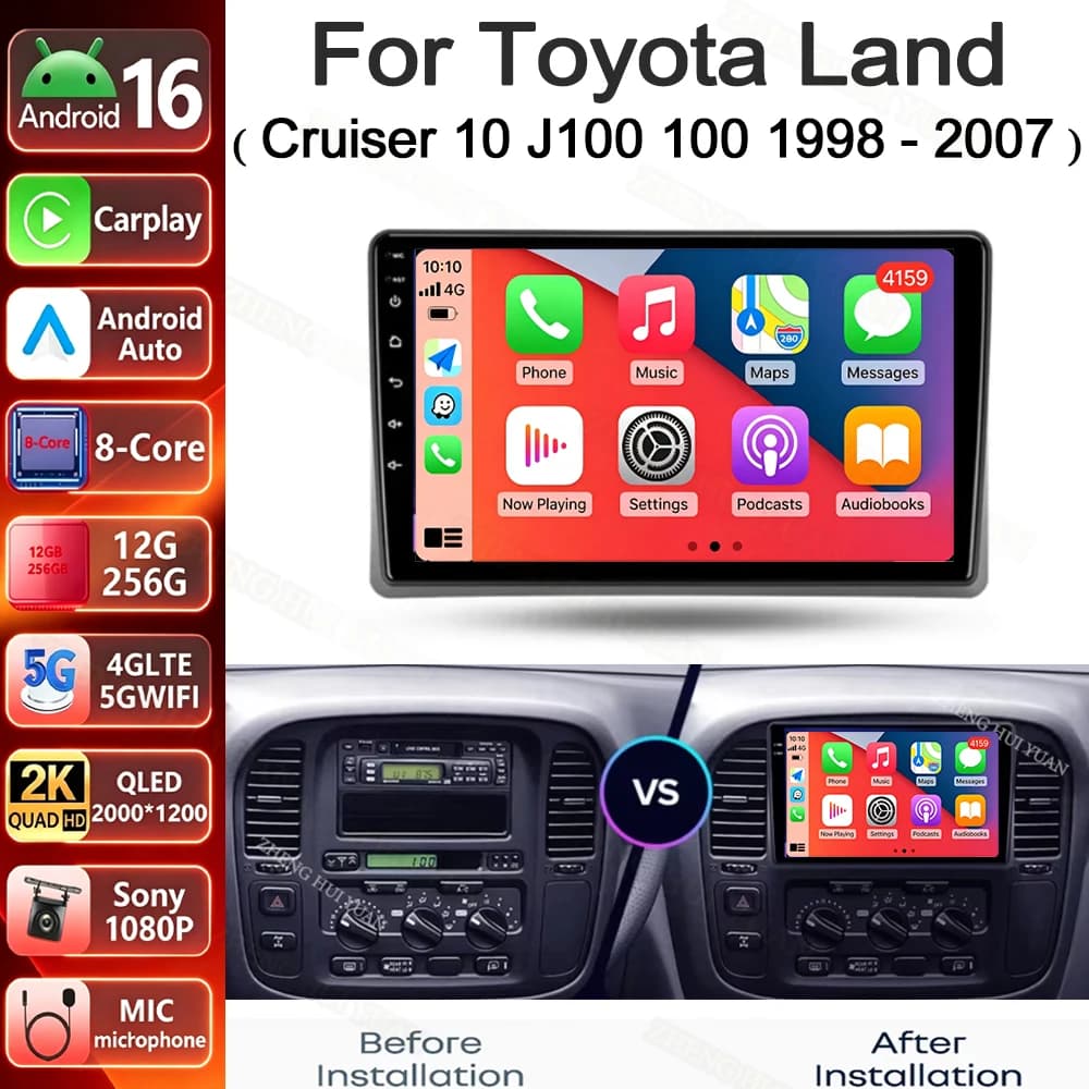 Android 15 For Toyota Land Cruiser 10 J100 100 1998 - 2007 Carplay Auto 2K Screen Multimedia player WIFI + 4G Autoradio