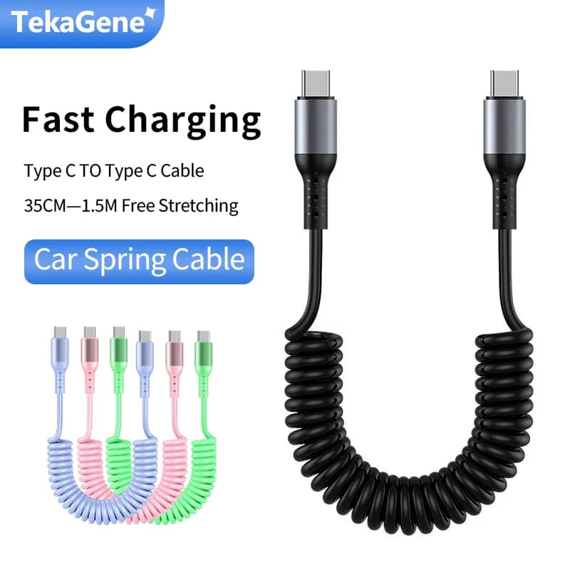 USB Charging Cable Type C to C with Telescopic Spring, Data Cable for Auto, Quick Charging for iPhone 17 16 15 Xiaomi Samsung S25 Macbook