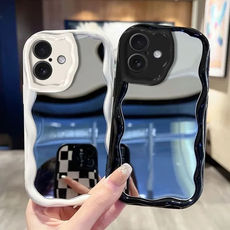Custodia per telefono di lusso con specchio per il trucco per iPhone 17 Air 16 15 12 11 Pro Max Plus 13 Mini 16E, cover in silicone con bordo ondulato, accessori
