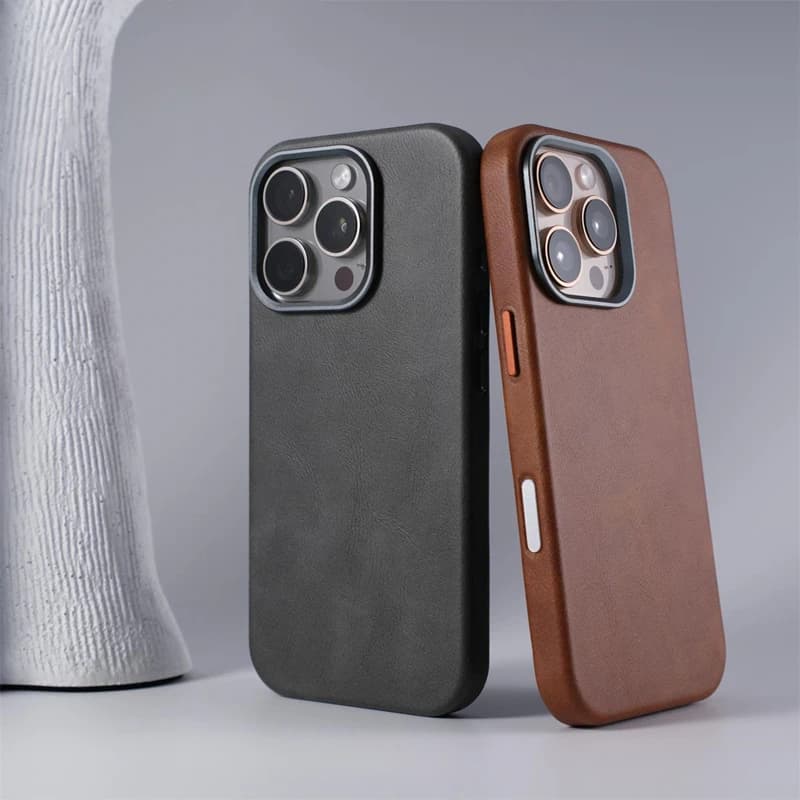 Custodia per telefono MagSafe con texture in pelle magnetica per iPhone 17 16pro max 15 14 Pro 13 Custodia per armatura per paraurti con lente in lega di ricarica wireless
