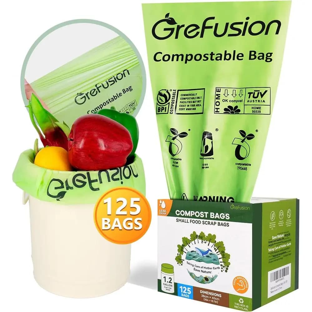 Sacchetti Compostabili Ecologici da 1,2 Galloni, Confezione da 125, Adatti per Vari Contenitori da Banco, Certificati BPI, ASD6400, OK Compost