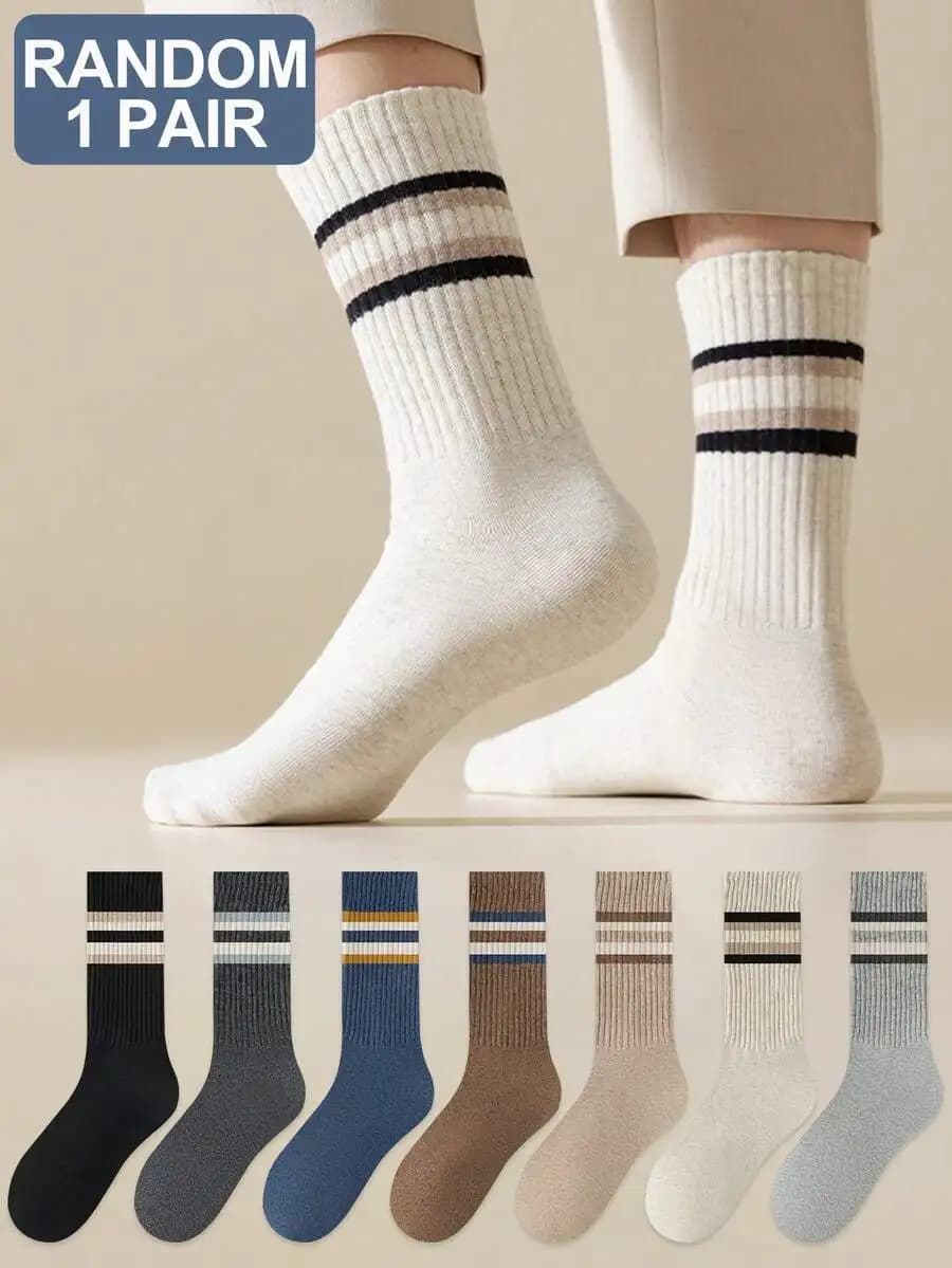 Mens Striped Mid-Calf Socks Cotton Blend Comfortable Casual Business Sports